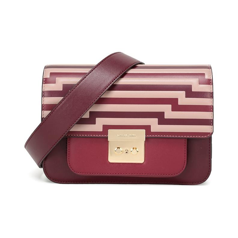 

Michael Kors MK Sloan Color Block Stripe Gold Buckle Adjustable Detachable Shoulder Strap Leather Small Square Bag 30F8GS9L9X-OXBLOOD Basic Set (Bag+Dust Bag)