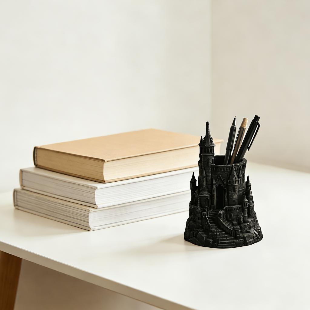 1-Piece Dark Castle-Shaped Pen Holder 3D Printed Vintage Architectural Pen Container Desk Organizer Decoration Student Designer Gift Ma