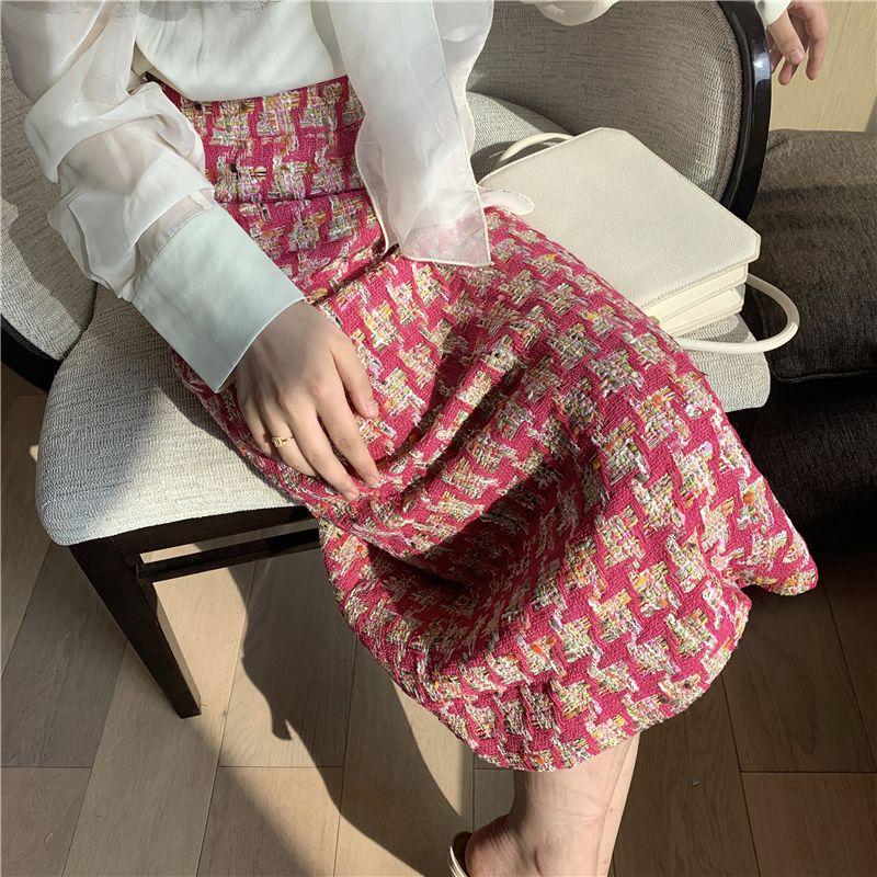 Women's Plus Size Pink Tweed Plaid Midi Pencil Skirt with Slit