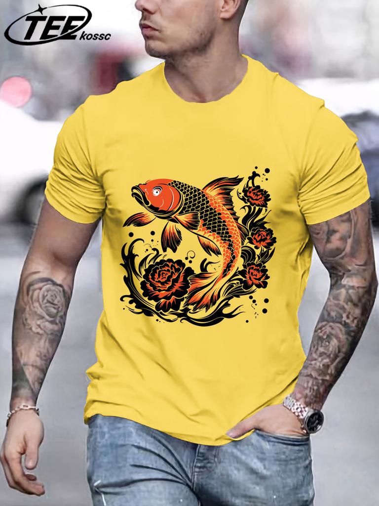 Japanese Harajuku Creative Lotus Koi Pattern TShirt Mens Summer Soft T Shirts Cotton Retro Sportswear Unisex Hip Hop Clothes