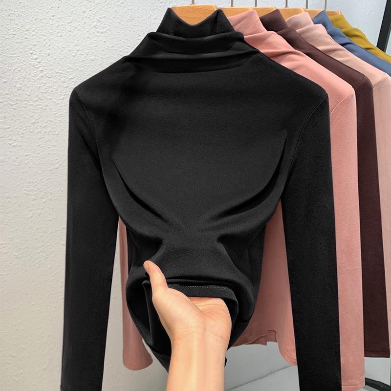 Turtleneck Bottoming Shirt Women's New Women's Clothing Solid Color Simple Long-sleeved T-shirt Velvet Warm Inner Waist Top