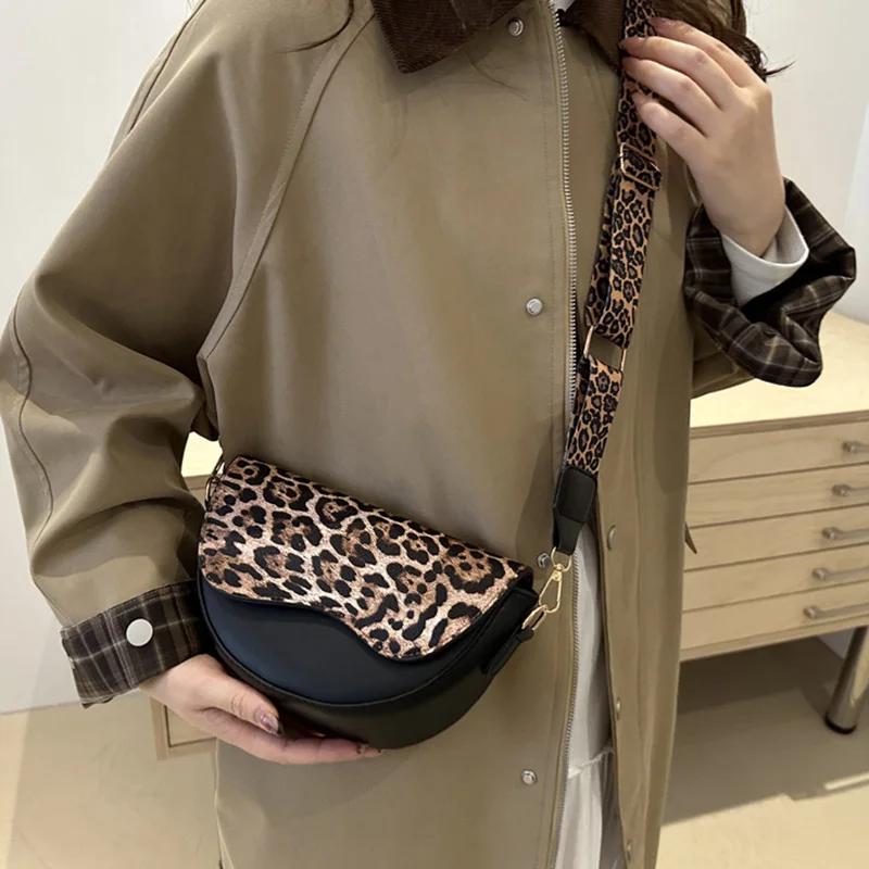 Wide Strap Leopard Print Crossbody Bags for Women, Fashion Designer Shoulder Bag for Daily Used, Versatile Ladies Handbags
