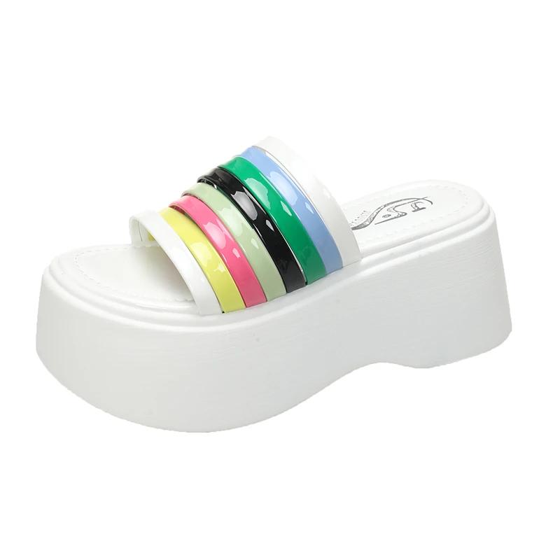 

7,5 см высококачественные летние женские белые босоножки на высоком каблуке с толстой подошвой, женские тапочки с квадратным носком и наклонным каблуком, женские тапочки 34