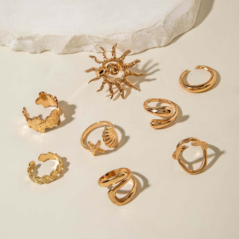 8Pcs/Set Vintage Metal Flower Shell Sun Rings Set for Women Punk Gold Color Irregular Adjustable Knuckle Ring Jewelry Gift
