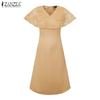ZANZEA Elegant Women V Neck Short Sleeve Lace Patchwork Smooth A-line Dress Nonelastic