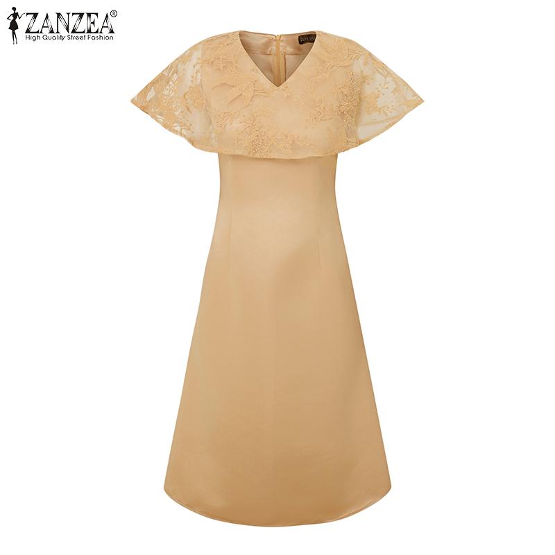 ZANZEA Elegant Women V Neck Short Sleeve Lace Patchwork Smooth A-line Dress Nonelastic