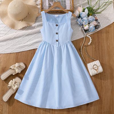 Girls' Fashion Dress Summer Children's Elegant Casual Sleeveless Striped High-Waisted Dress