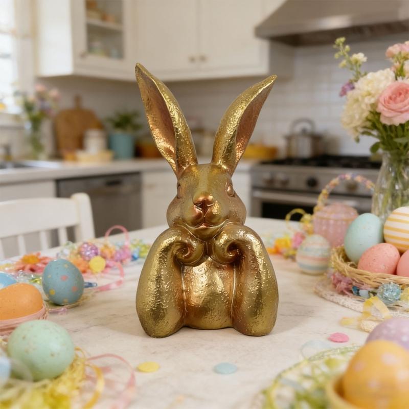 Figura de Coelho Dourada Antiga Envernizada Elegante Exibição de Primavera Artesanal Sazonal Acento para Casa Para Sala de Estar Quarto