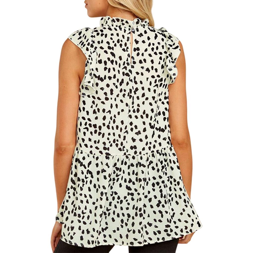 Women Polka Dots Leopard Printed Ruffled Short Sleeve Shirt