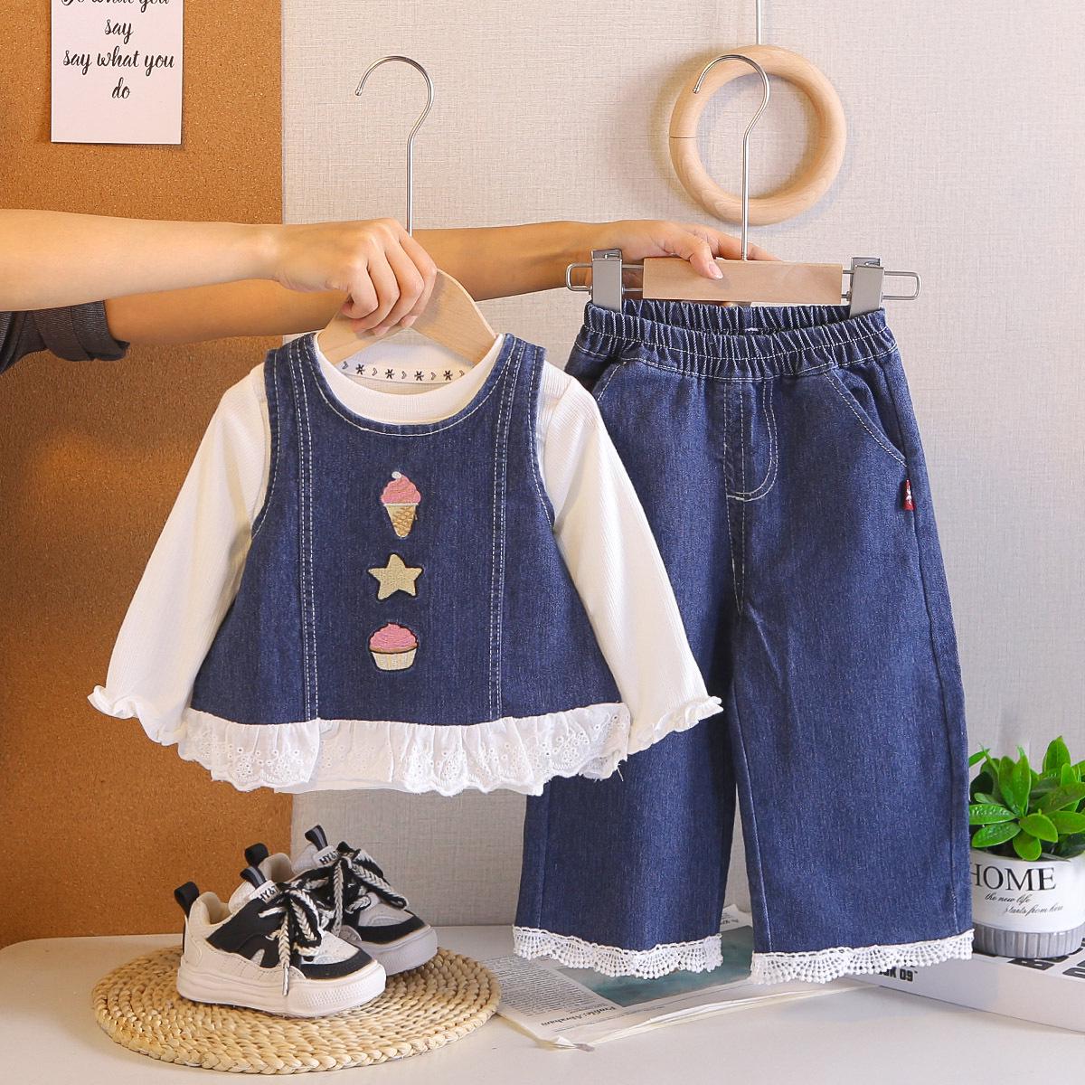 2026 Spring/Autumn Fashion Lace Denim Vest & Wide-Leg Pants Set for Little Girls XXL темно-синий
