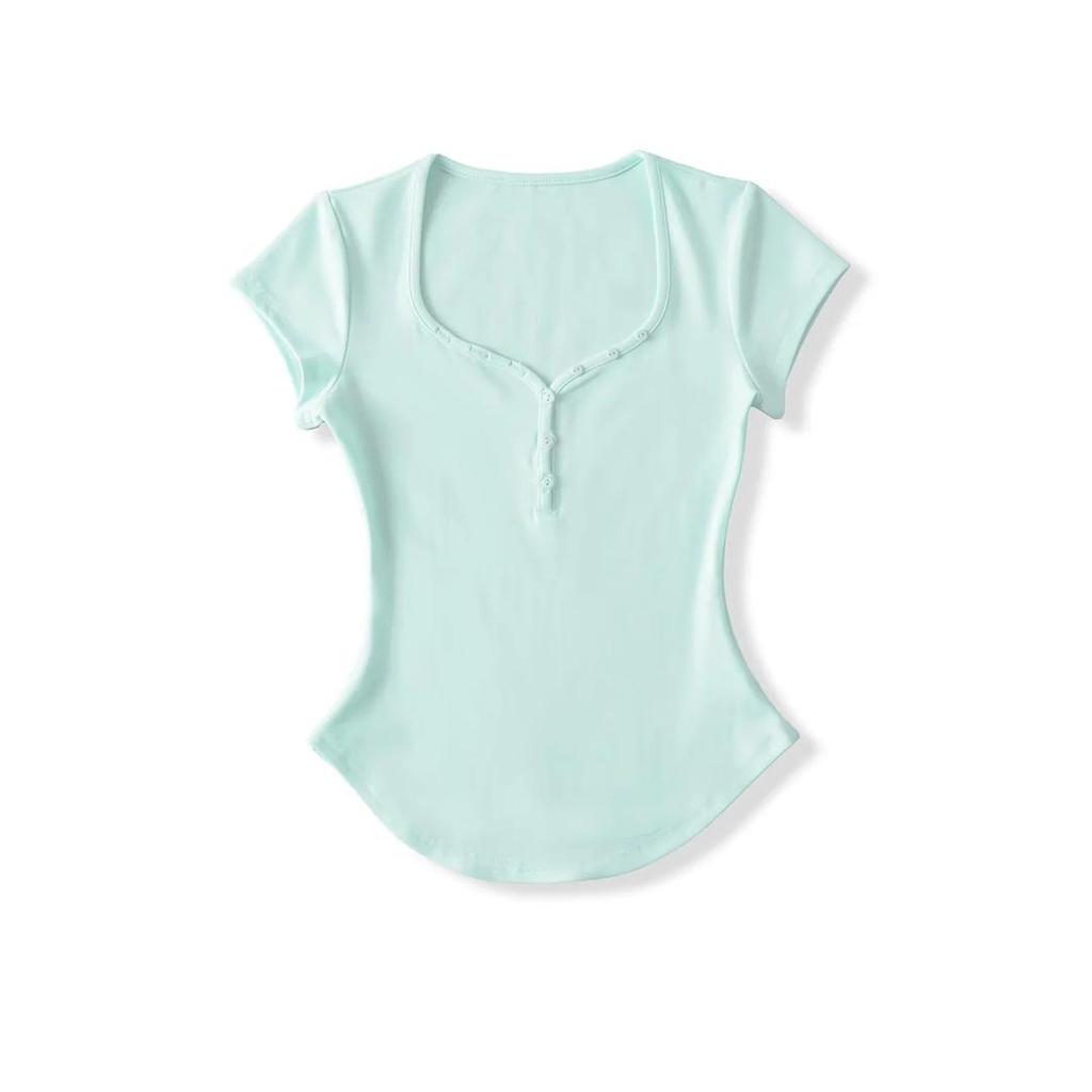 Damen Einfarbiges Slim-Fit T-Shirt mit Herzausschnitt & Gebogenem Saum
