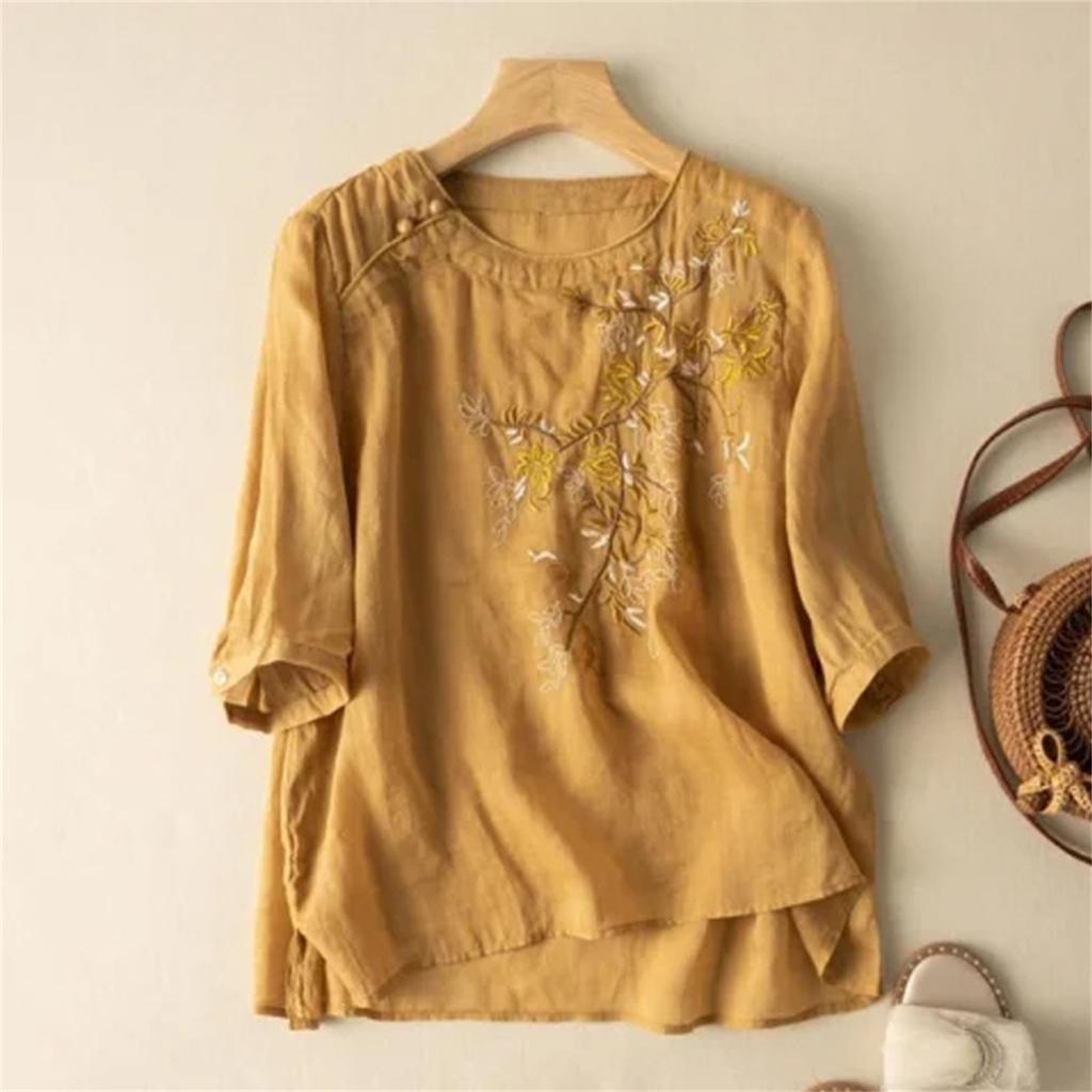 Women's Vintage Inspired Loose Fit Mid-Sleeve Cotton Linen Blend Embroidered Top