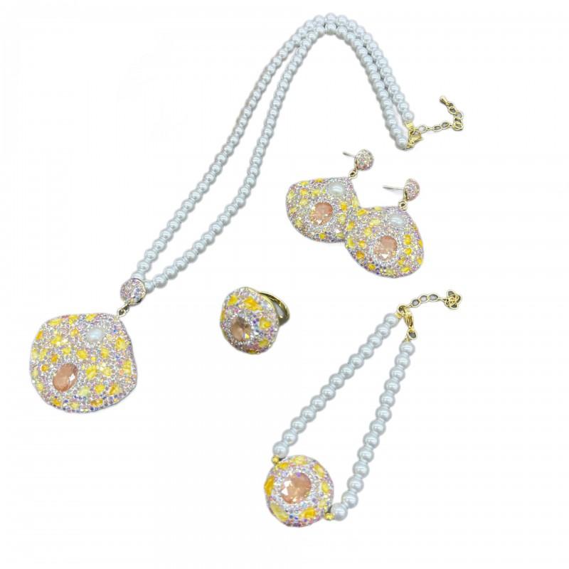 Elegant French Vintage Pearl Crushed Stone Jewelry Set Women Necklace Earrings Bracelet Ring In Sweet Pastel Tones