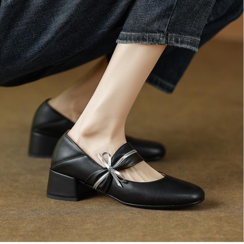 Fashion Vintage Square Toe Bowknot Decoration Pu Mary Jane Shoes Women 2025 Summer Medium Heel Dress Pumps Elegant Autumn Office Pumps