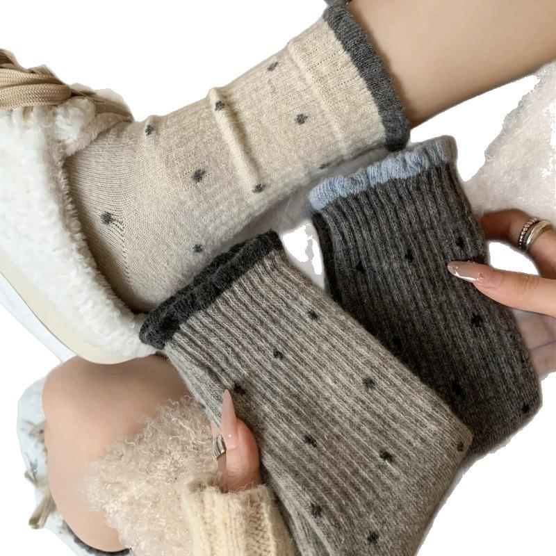 Polka Dot Wool Socks, Mid-Leg Socks, Seasonal Thickened Fleece Warm Gray Birkenstockers, Winter Stockings