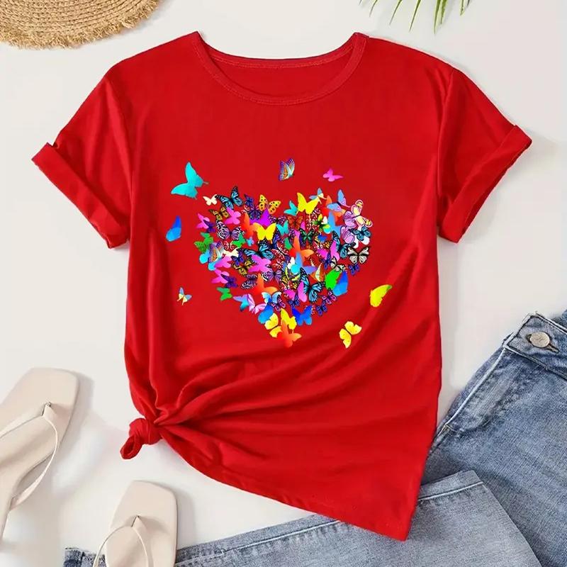 

Женская летняя футболка в стиле ретро, модная, с коротким рукавом, повседневная, с принтом бабочки 8XL красный
