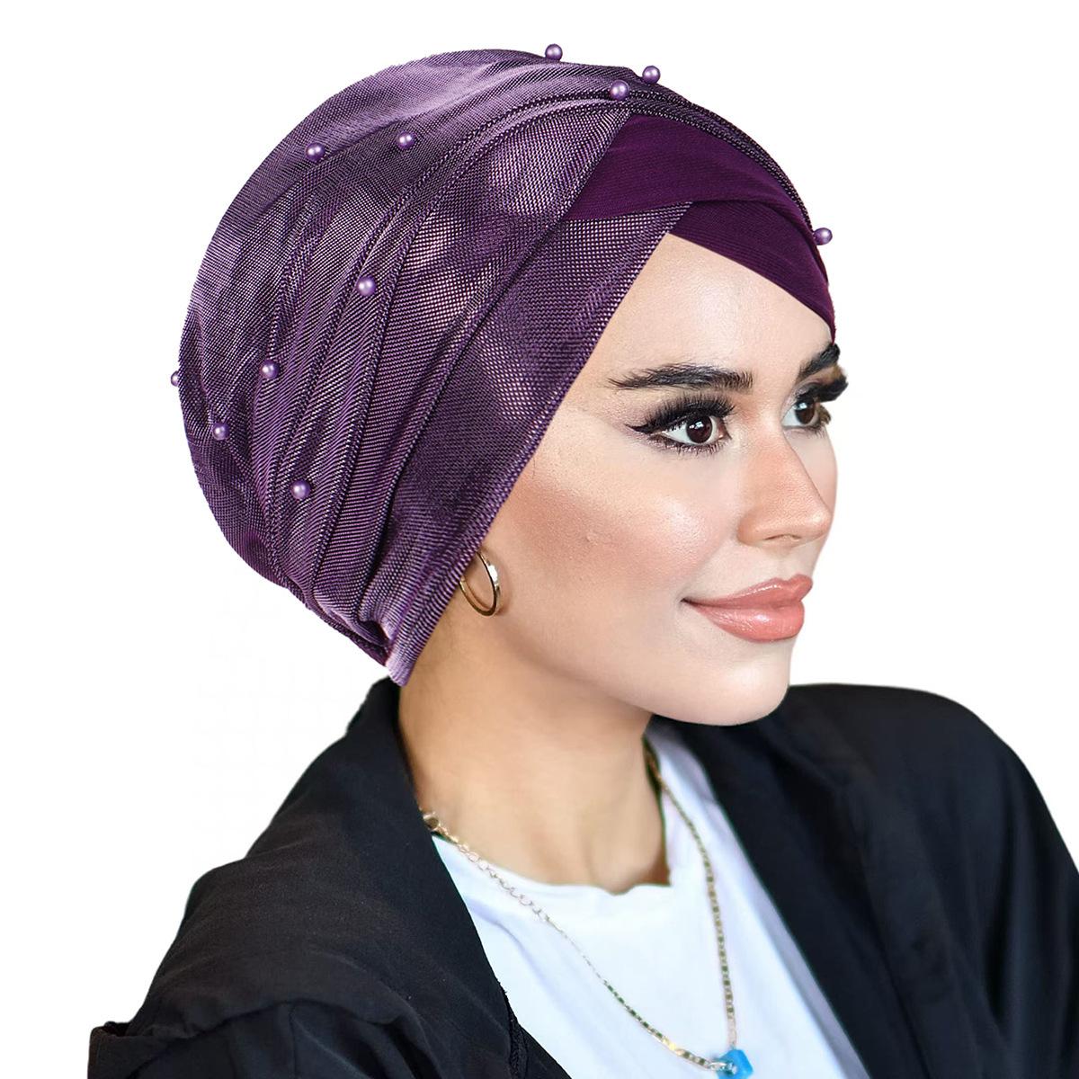 

Двухцветная шапка-платок с блестящими пайетками и шапка-тюрбан с бусинами фиолетовый