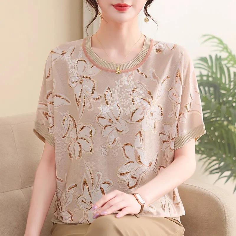 Womens Floral Print Knit Top Short Sleeve Crew Neck Casual Blouse