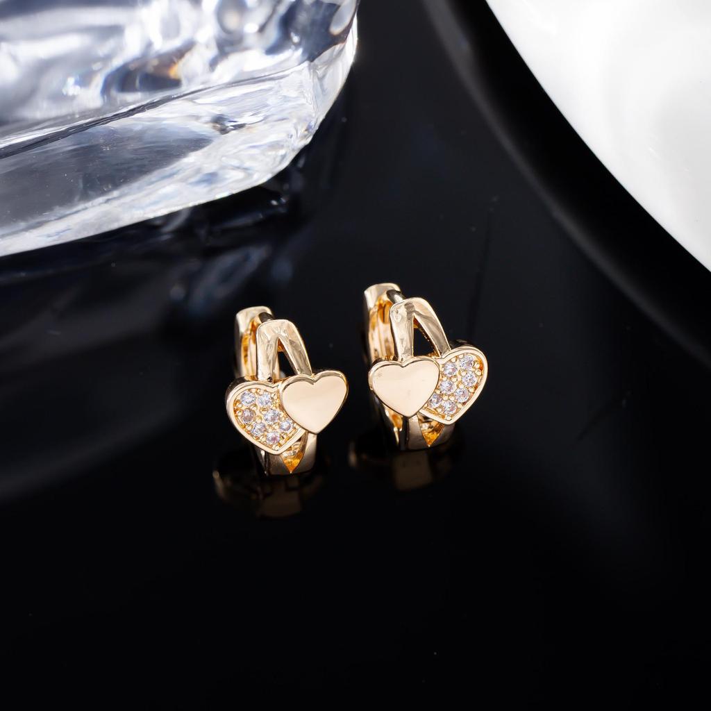 Double Love Heart Zircon Stud Earrings: Retro Micro-Inlay Design, Japanese-Korean Style, Simple Metal Accessories