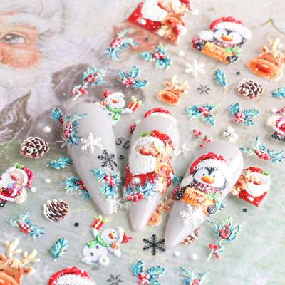 1 Blatt 5D geprägte Nagelaufkleber, Abziehbilder, Nagelkunst-Dekoration, Weihnachtsmann, Schneeflocke, Schneemann, Vögel, Weihnachtsserien-Design