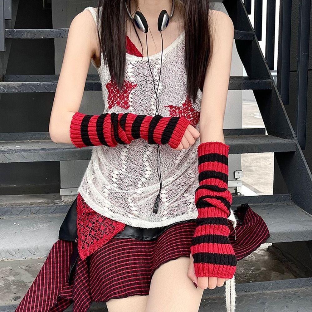 Lolita Long Fingerless Gloves Y2K Fingerless Arm Warmers Arm Cover Striped Knitted Arm Sleeves  JK