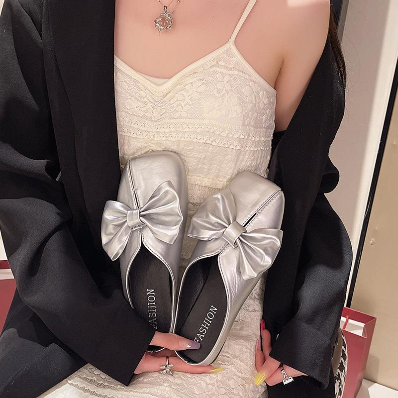 Baotou Half Slippers Women's Summer Wear New Bow Soft Bottom with Skirt Square Head Lazy Muller Cool Slippers