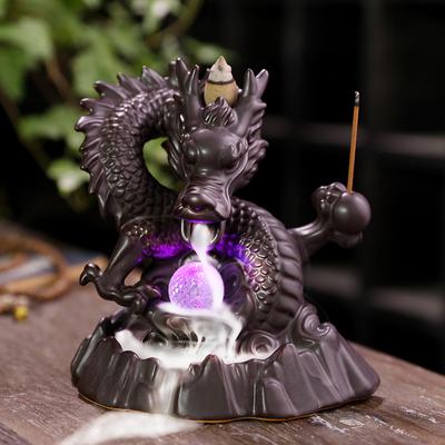 Queimador de incenso de refluxo de cachoeira de dragão de cerâmica, incensário de incenso, suporte de bastão de incenso com bola de cristal de led da sorte