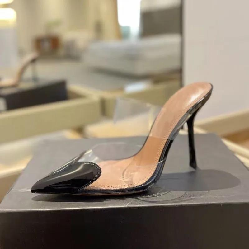 

Мода Элегантный Острый Носок Прозрачный ПВХ Сердце Высокие Каблуки Мюли Тапочки Женские 2025 Черный Белый Красный Обувь Роскошные Дизайнерские Туфли 40