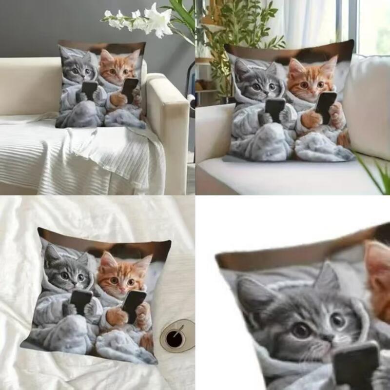 2D Print Cat Pillow Cover with Phone-Playing Design Short-Pile Plush Cute Cat Living Room Sofa Decorative Pillowcase