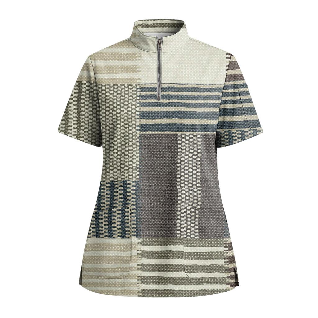 Women's Short Sleeved Printed V-neck Buttonable Side Slit Top T-shirt