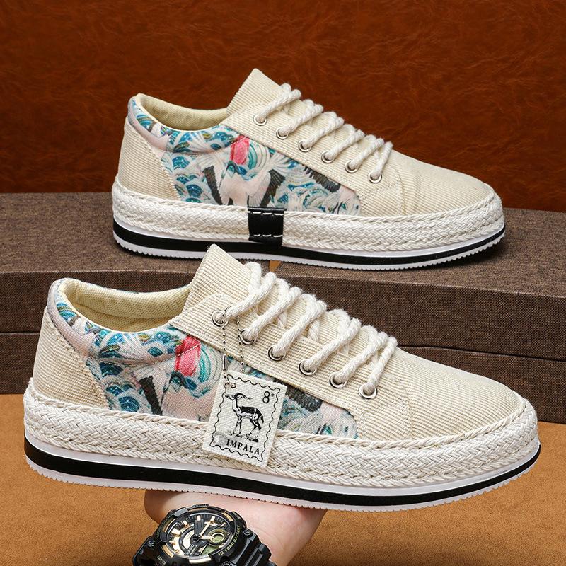 

New men s personalized fashion board shoes men s flat bottom low top trendy shoes student straw corduroy cloth shoes fisherman shoes 39 бежевый