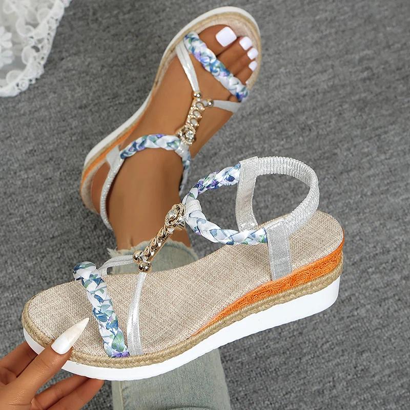 

Fashion Fashion T-Strap Platform Sandals for Women New Mix Color Elastic Band Wedge Sandals Woman Summer Daily Open Toe Sandalias Female 43
