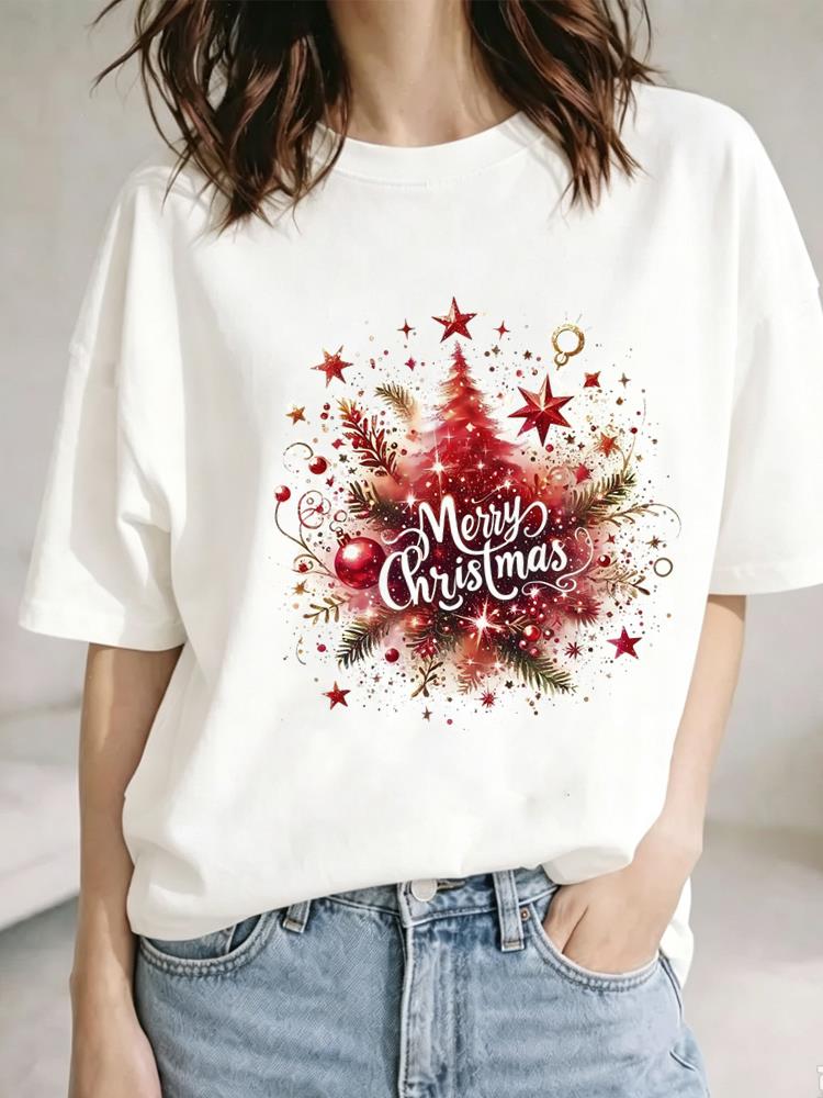 (Asian Size) watercolor sweet cute Christmas Festival Tee Clothing New Year T Shirt Women Fashion Top Print Woman Short Sleeve Graphic T-shirts