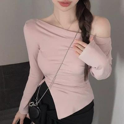 Fashion Off Shoulder Skew Collar Slit Sexy T-shirt Women Tops Elegant Long Sleeve Casual Women's T Shirt Irregular Chic Slim Ladies Pullover Tee 26009