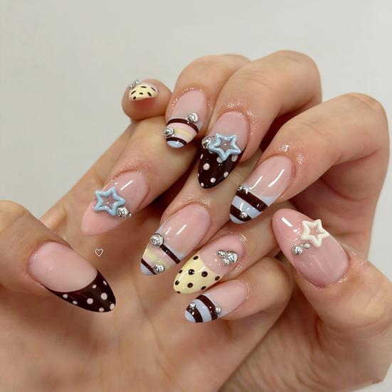 1 Set Press On Nails Salon Quality Almond French Tip Stick-on Fake Nails Removable 3D Charm Women Full Cover Glue On False Nails