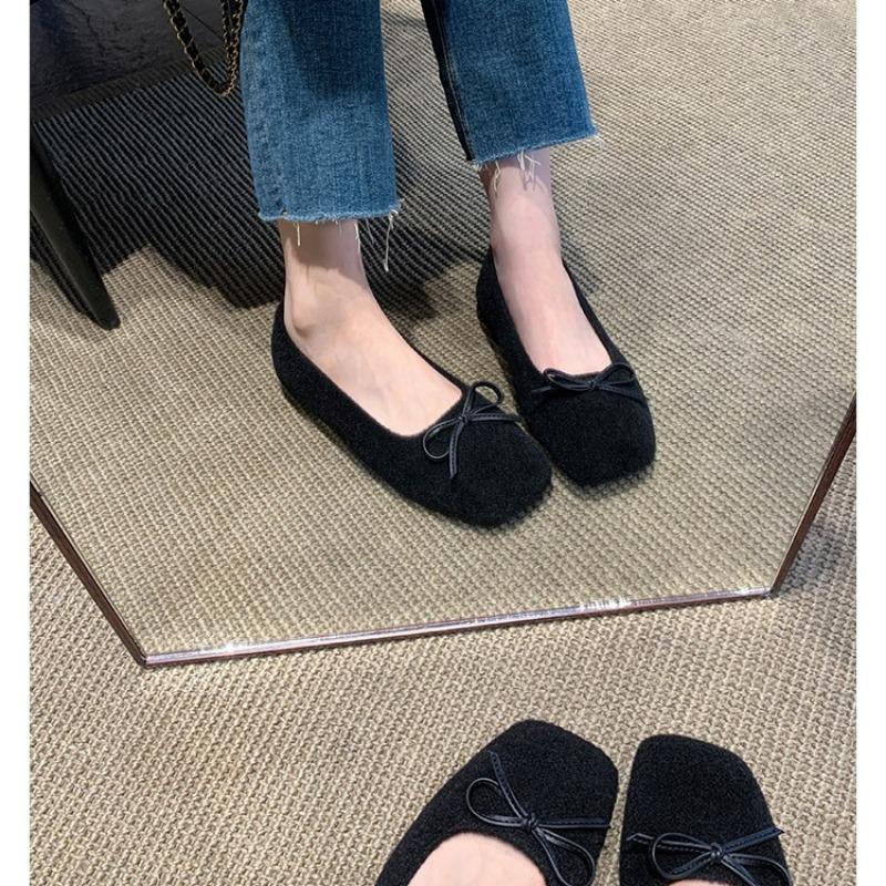 ~ Versatile Autumn and Winter Bow Woolen Plush Warm Shallow Mouth Ballet Single Shoes Women