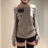 Süßes Stickerei Off-Shoulder T-Shirt Damen Kawaii Katze Langarm Basic Bluse Enges Basic Crop Top Trägerlos Grau T-Shirts