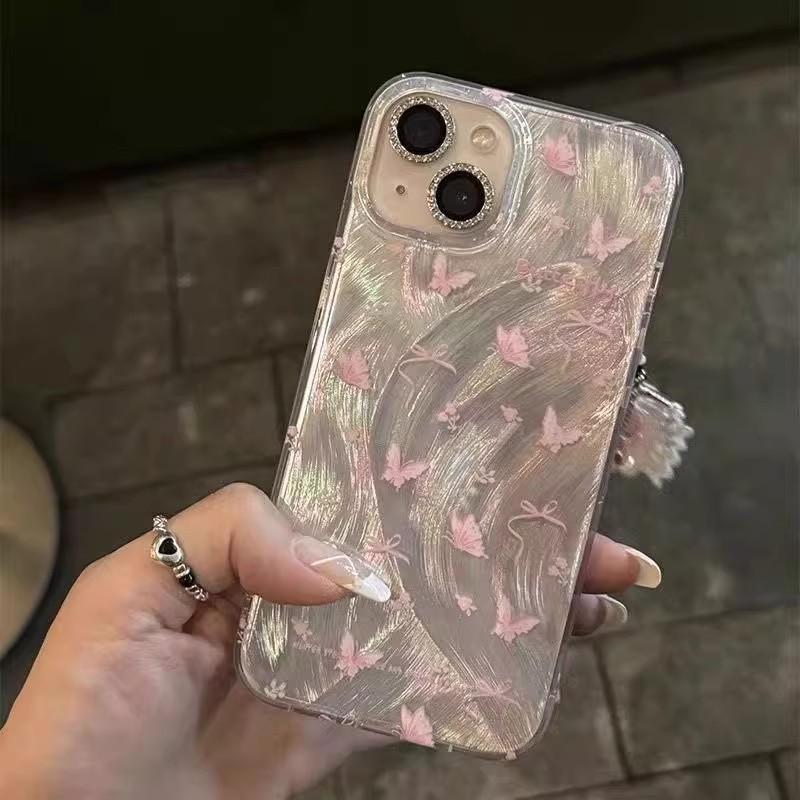 Pink butterfly feather pendant mobile phone case for iPhone17ProMax Apple 16/15/14 anti-drop soft case