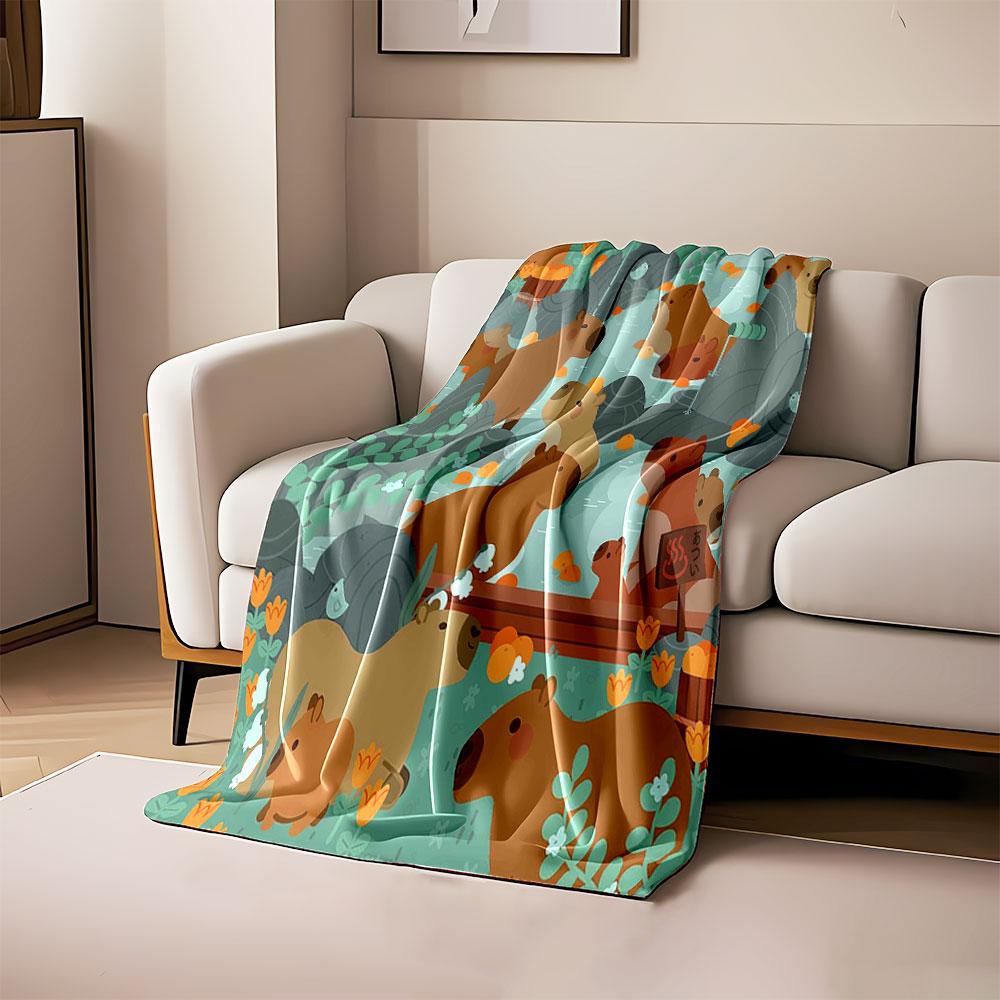 Capybaras relaxing in a hot spring surrounded by flowers and greenery. for all seasons blanket lunch break throw gift 80cm x 120cm