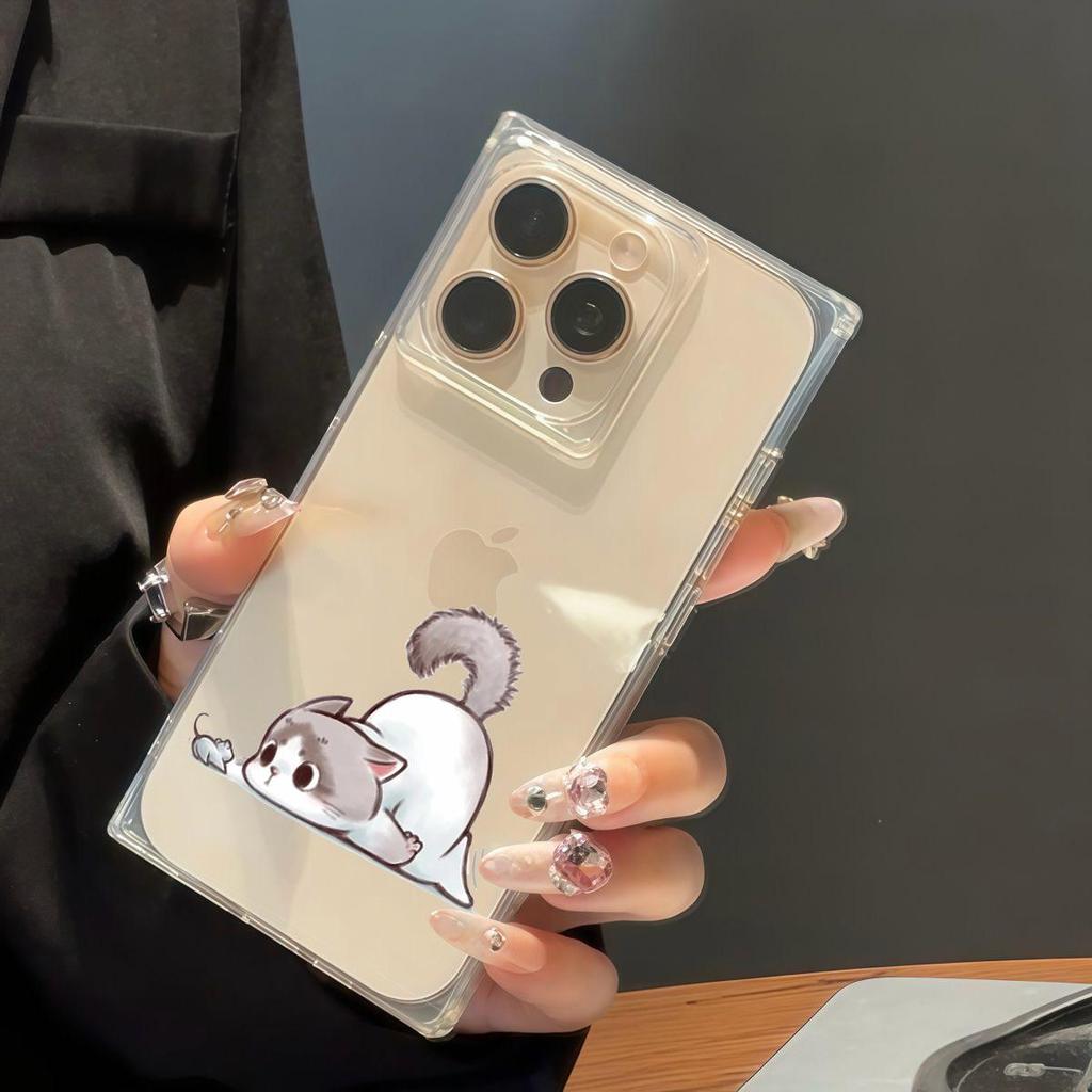 Square Back Tube Protection Clear Case For iPhone 16 ProMax 11 13 15 Plus 14 Pro Max 12 Anti-Oxygen,Cat And Mouse Eye Contact Pattern Casing