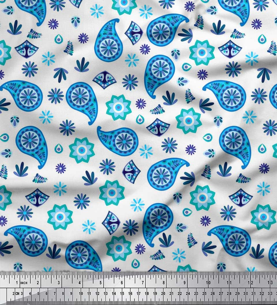 

Японська креп-сатин Soimoi Принти на тканині з квітами та пейслі на метр 42 дюйми 42 Inch Wide - Poly Crepe білий