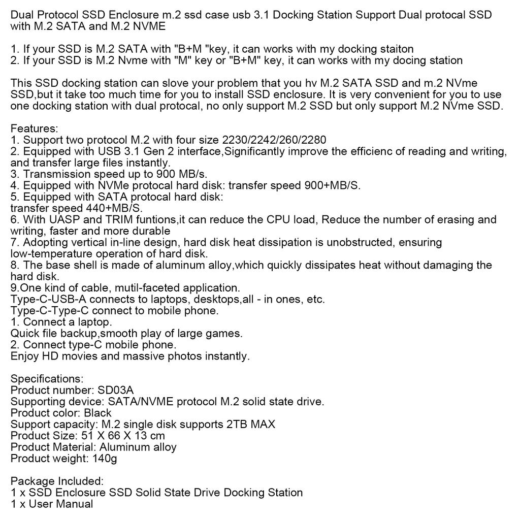 Dual Protocol SATA/NVME M.2 SSD Case USB 3.1 Dual Protocal Docking Station