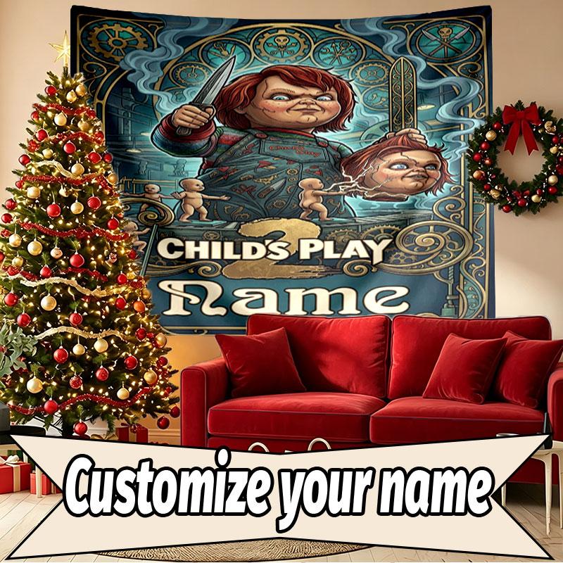 Arazzo Personalizzato con Nome Tema Horror Stampa Chucky, Decorazione Murale, Camera da Letto, Stanza Universitaria, Appartamento, Soggiorno, Sfondo per Feste, Regalo per Compleanno