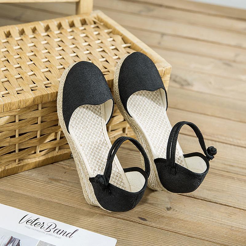 

Женские сандалии на танкетке из дышащего льна в этническом стиле с пряжкой - Универсальный высокий каблук для летних путешествий. 35 чёрный