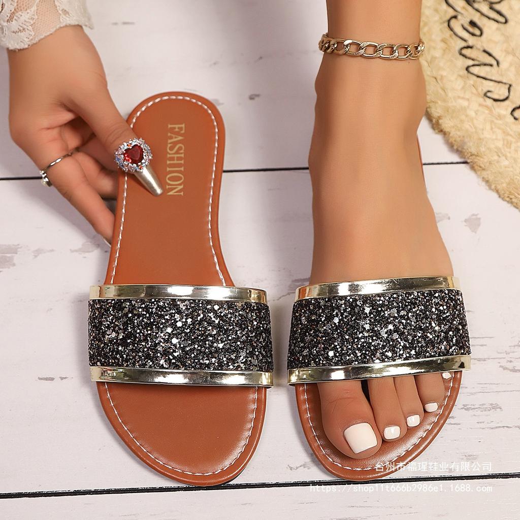 Foreign trade large size summer new one-word sequin sandals women wear square head open toe flat bottom beach women's sandals