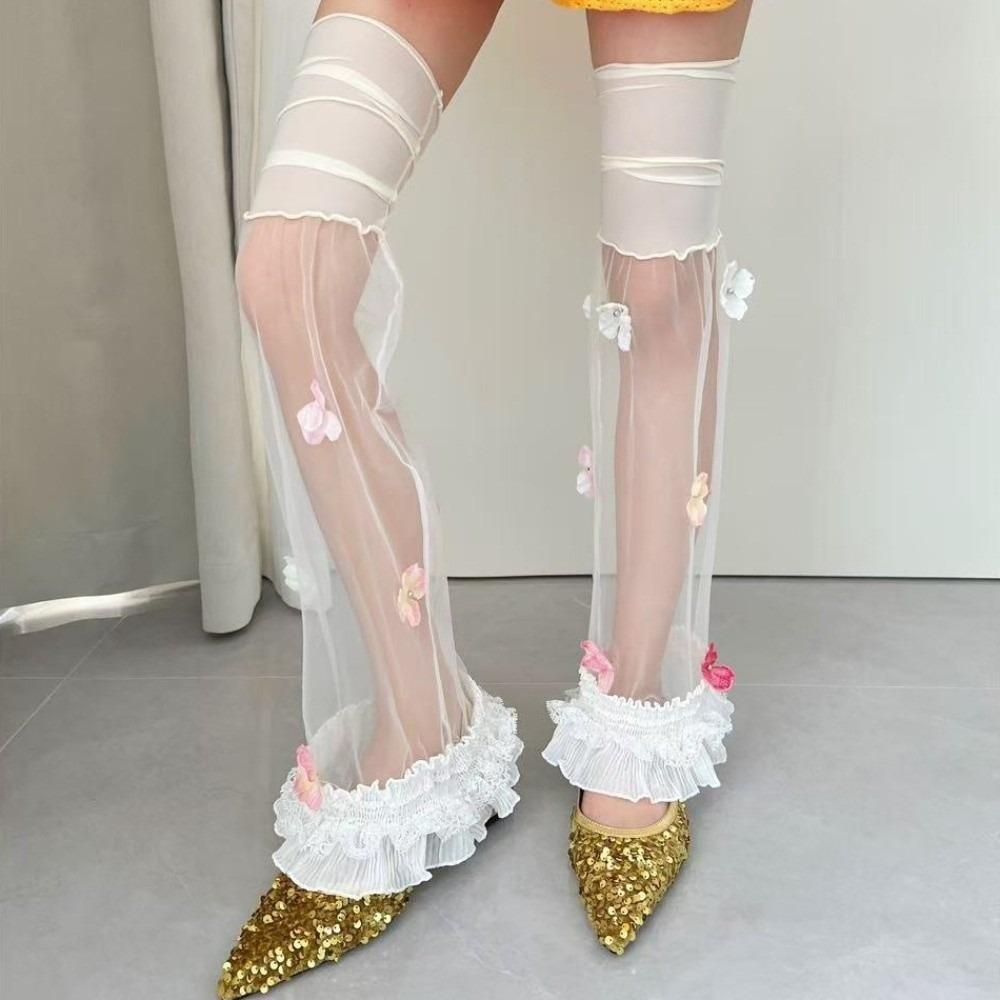 Flower Lace Mesh Splicing Leg Sleeves Y2K Harajuku Layered Ruffle Boot Cover Cuffs Kawaii Lolita JK Sheer Leg Warmers Streetwear 35-39 белый