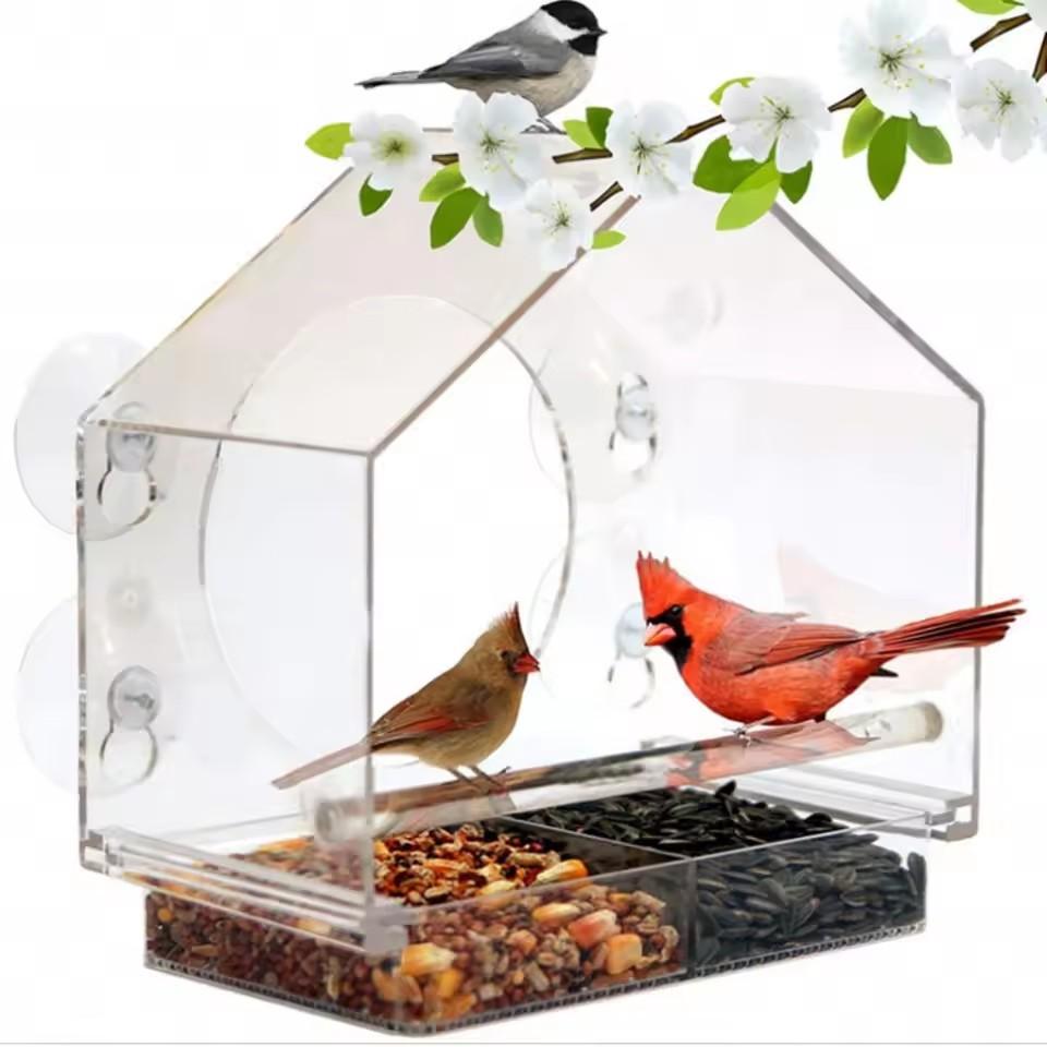 Clear Acrylic Window Bird Feeder Suction Cup Hanging Birdhouse Transparent Seed Peanut Food Feeding House for Wild Birds