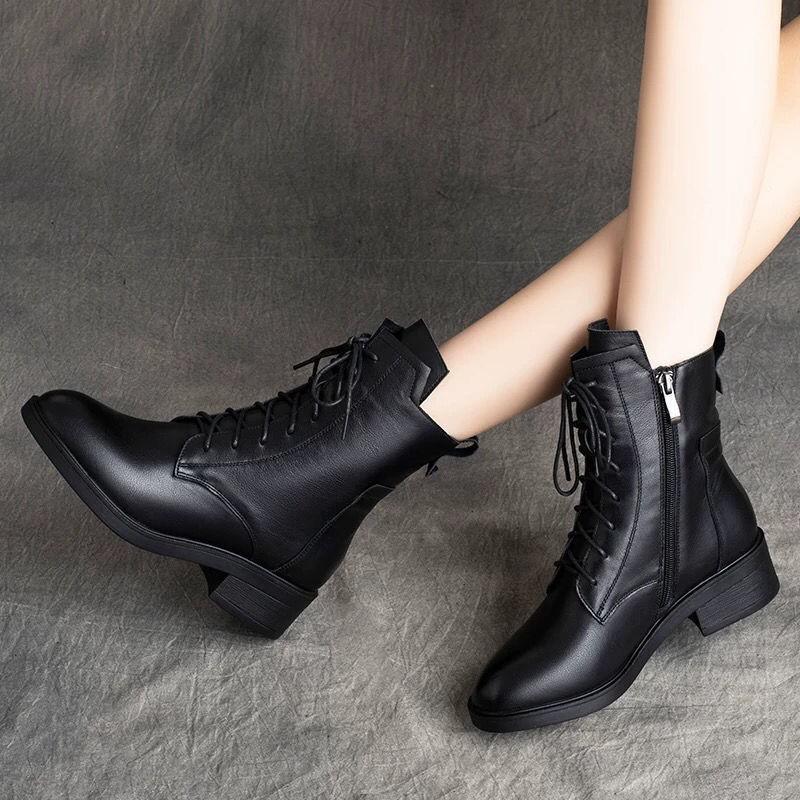 Low-heeled Pointed Mid-leg Boots Cross-strap Martin Boots New Skinny Leather Boots for Autumn and Winter