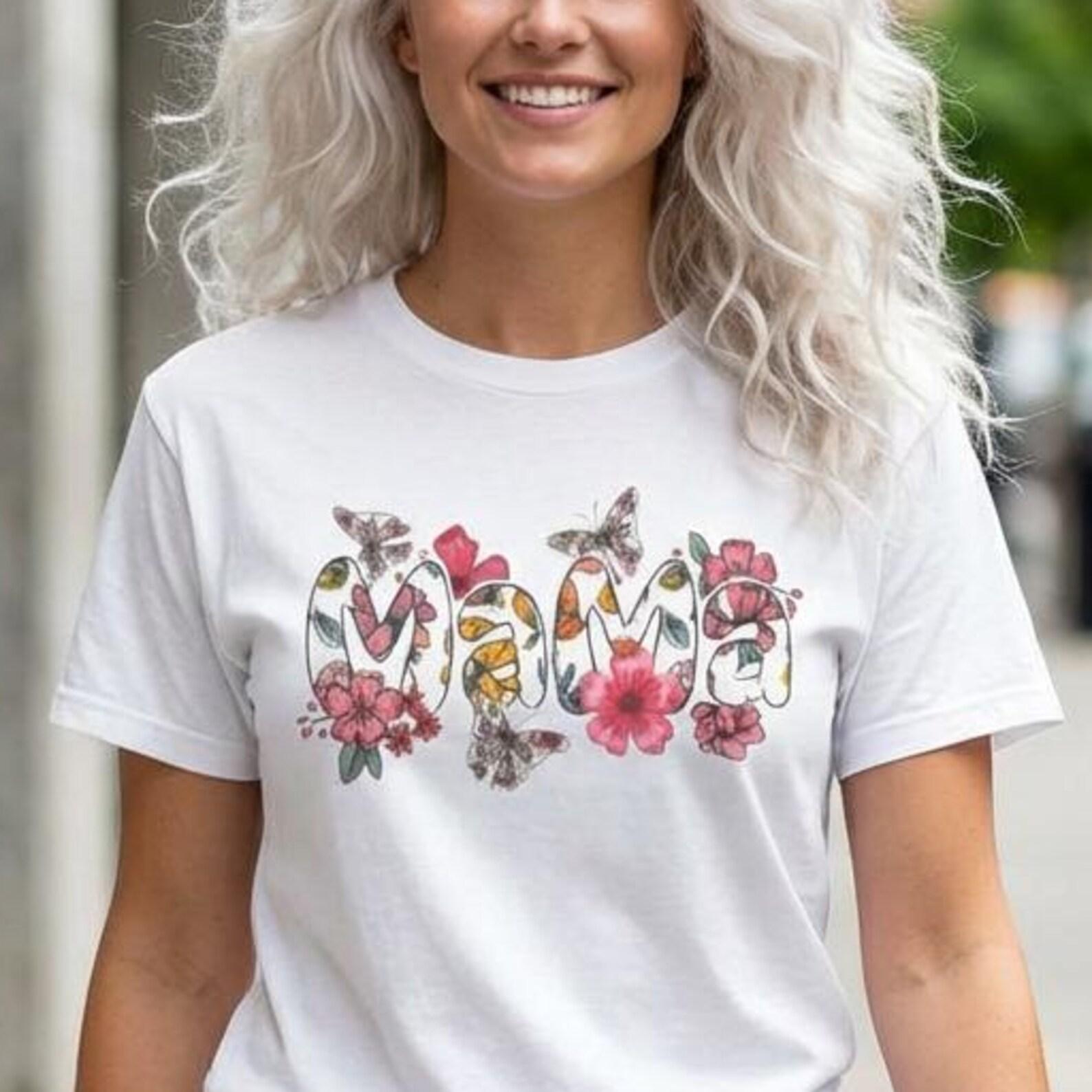 Mama Floral T-Shirt, Butterfly Flower Mom Shirt, Cute Mama Tee, Mothers Day Gift Shirt, Floral Typography Tee for Women S