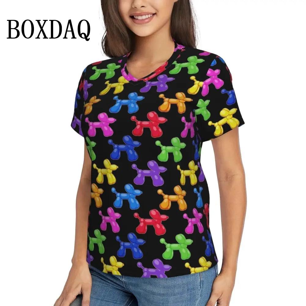Rainbow Balloon Dogs Print T Shirt Female Summer V-Neck T Shirts Short Sleeve Street Fashion Shirt Women Cute Graphic Kawaii Top